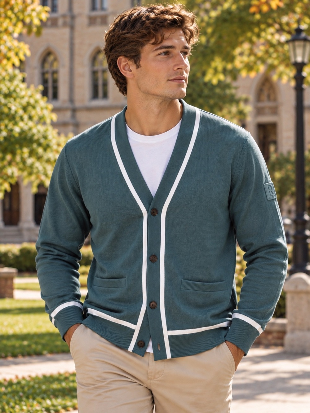 Rhone Earl Golf Cardigan Sweater Men's L Tidal Green White Collegiate Preppy NWT